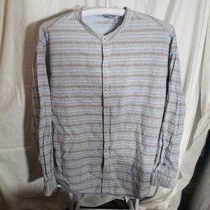 CARIBBEAN Mens Blue Banded Collar Long Sleeve Linen Blend Shirt Tropical 2XL